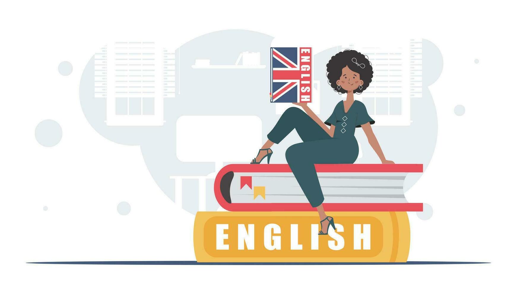 le concept de enseignement Anglais. une femme est assis sur livres et détient un Anglais dictionnaire dans sa mains. branché style. vecteur. vecteur