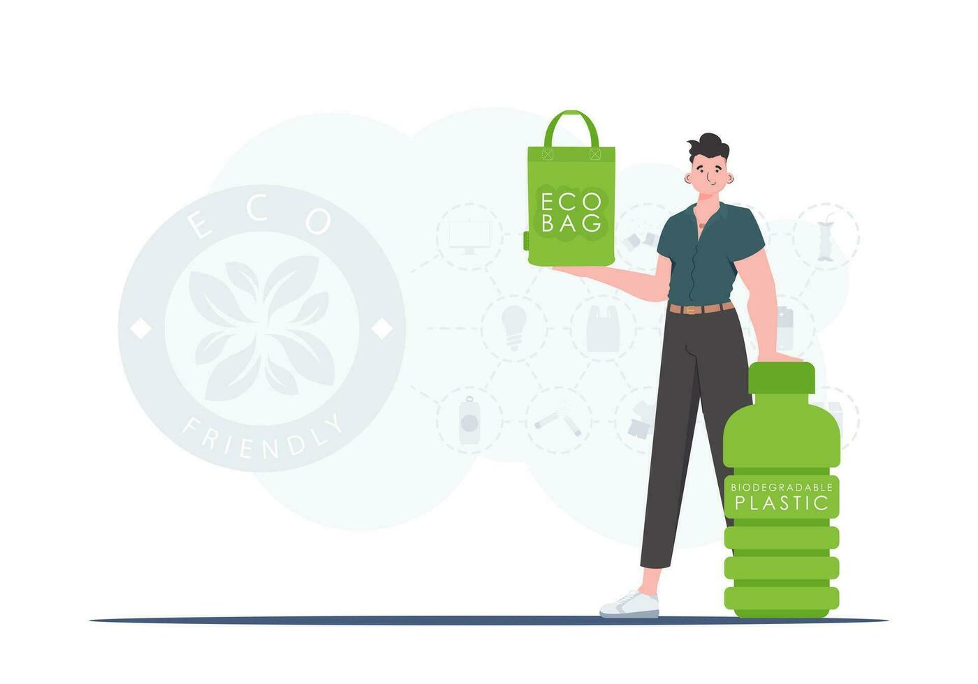 le concept de écologie et se soucier pour le environnement. une homme détient un éco sac dans le sien mains. mode tendance vecteur illustration.