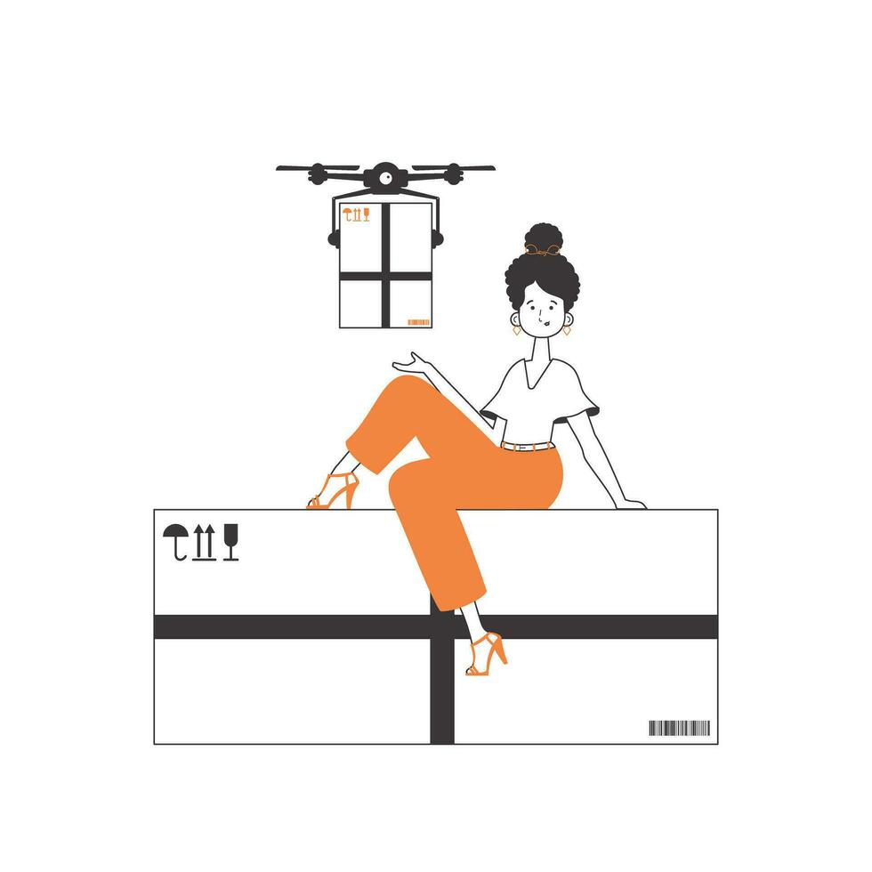 le fille livre le paquet par drone. drone livraison concept. minimaliste linéaire style. isolé sur blanc Contexte. vecteur illustration.