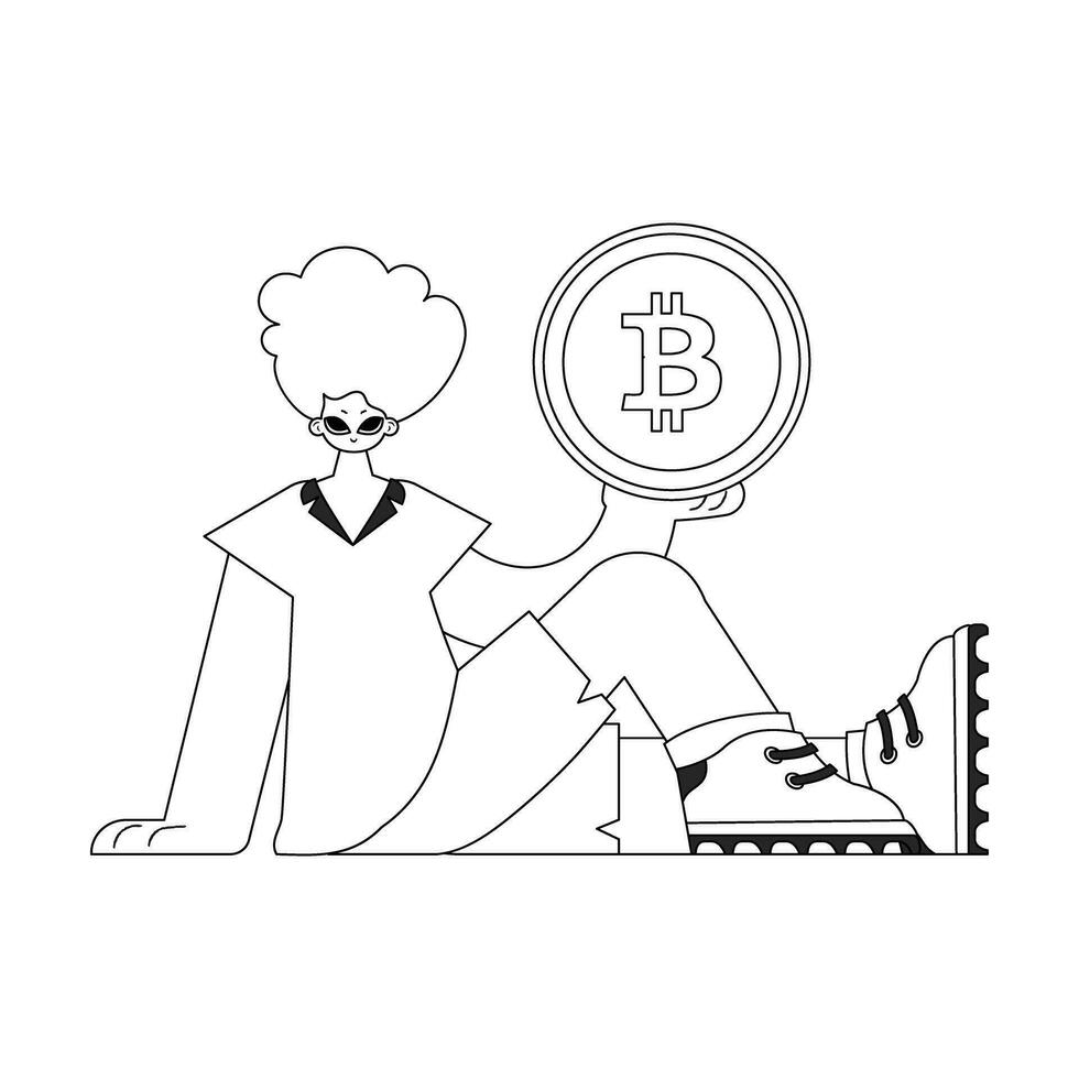 charmant homme en portant une bitcoin pièce de monnaie dans le sien mains. linéaire noir et blanc style. vecteur