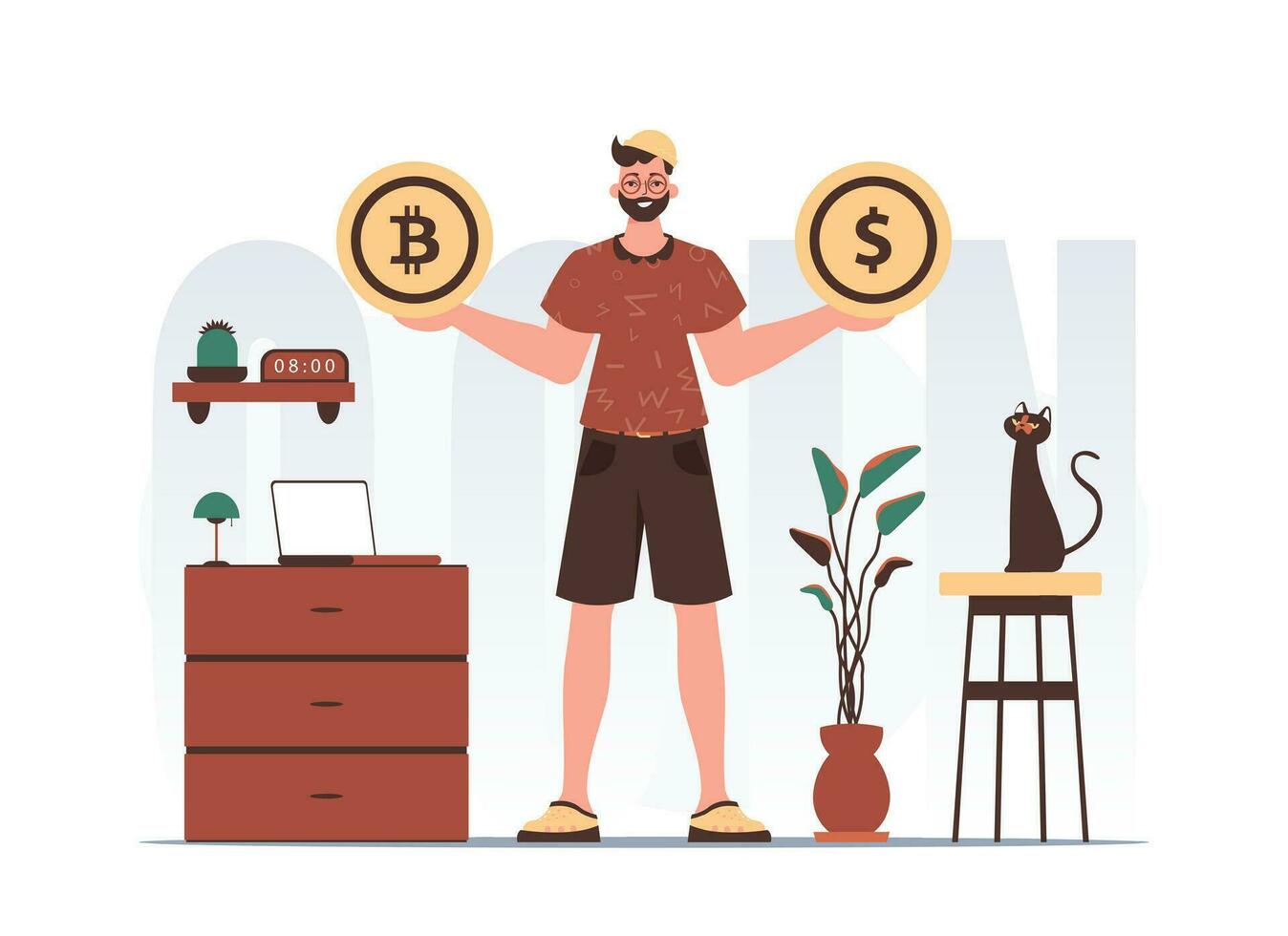 crypto-monnaie concept. une homme détient une bitcoin et une dollar dans le forme de pièces de monnaie dans le sien mains. personnage dans branché style. vecteur