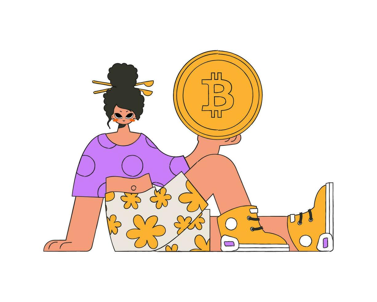 le fille est en portant une Bitcoin. personnage branché rétro style. vecteur