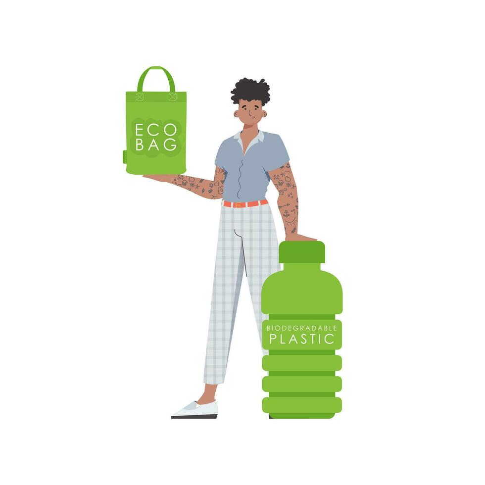 une homme détient un éco sac dans le sien mains. le concept de écologie et se soucier pour le environnement. isolé sur blanc Contexte. tendance style.vecteur illustration. vecteur