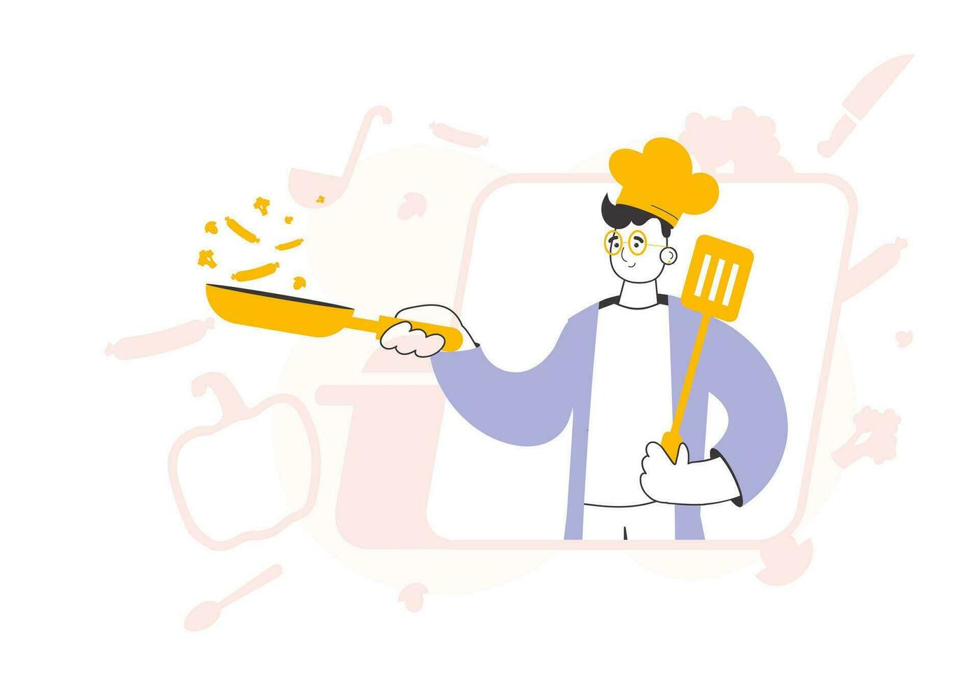 le gars cuisinier est en portant une friture poêle. branché style ligne art. vecteur illustration.