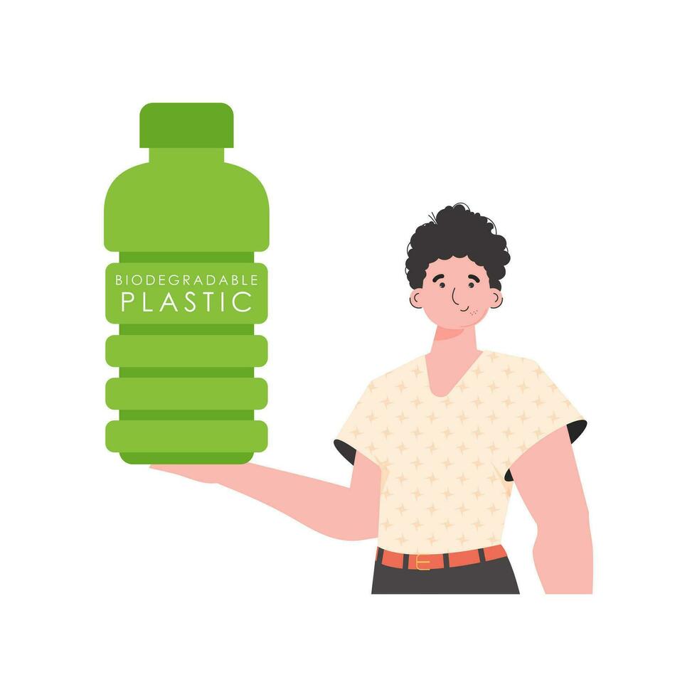 une homme détient une bouteille fabriqué de biodégradable Plastique dans le sien mains. éco amical concept. isolé sur blanc Contexte. tendance style.vecteur illustration. vecteur