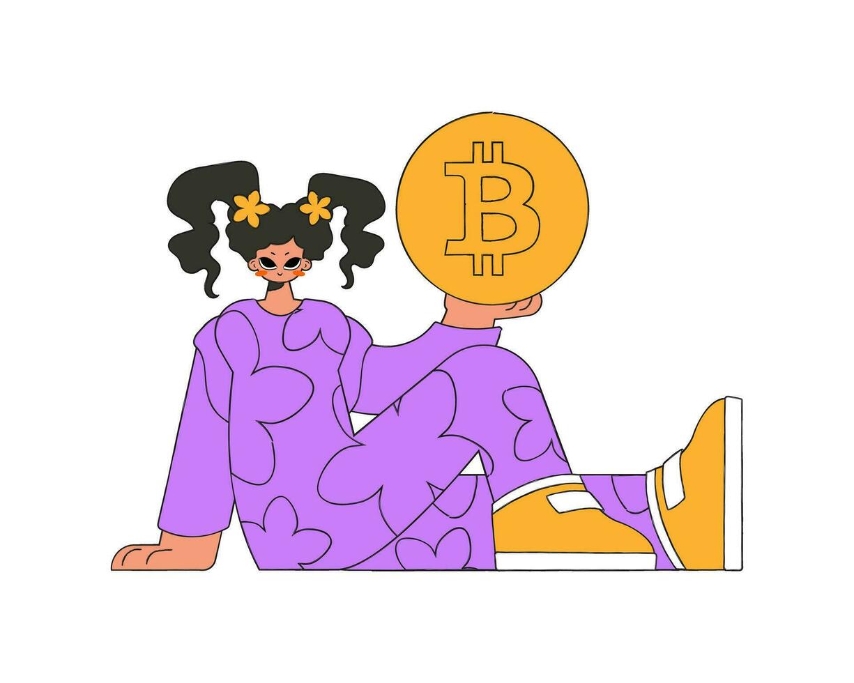 le fille est en portant une bitcoin pièce de monnaie. personnage branché rétro style. vecteur