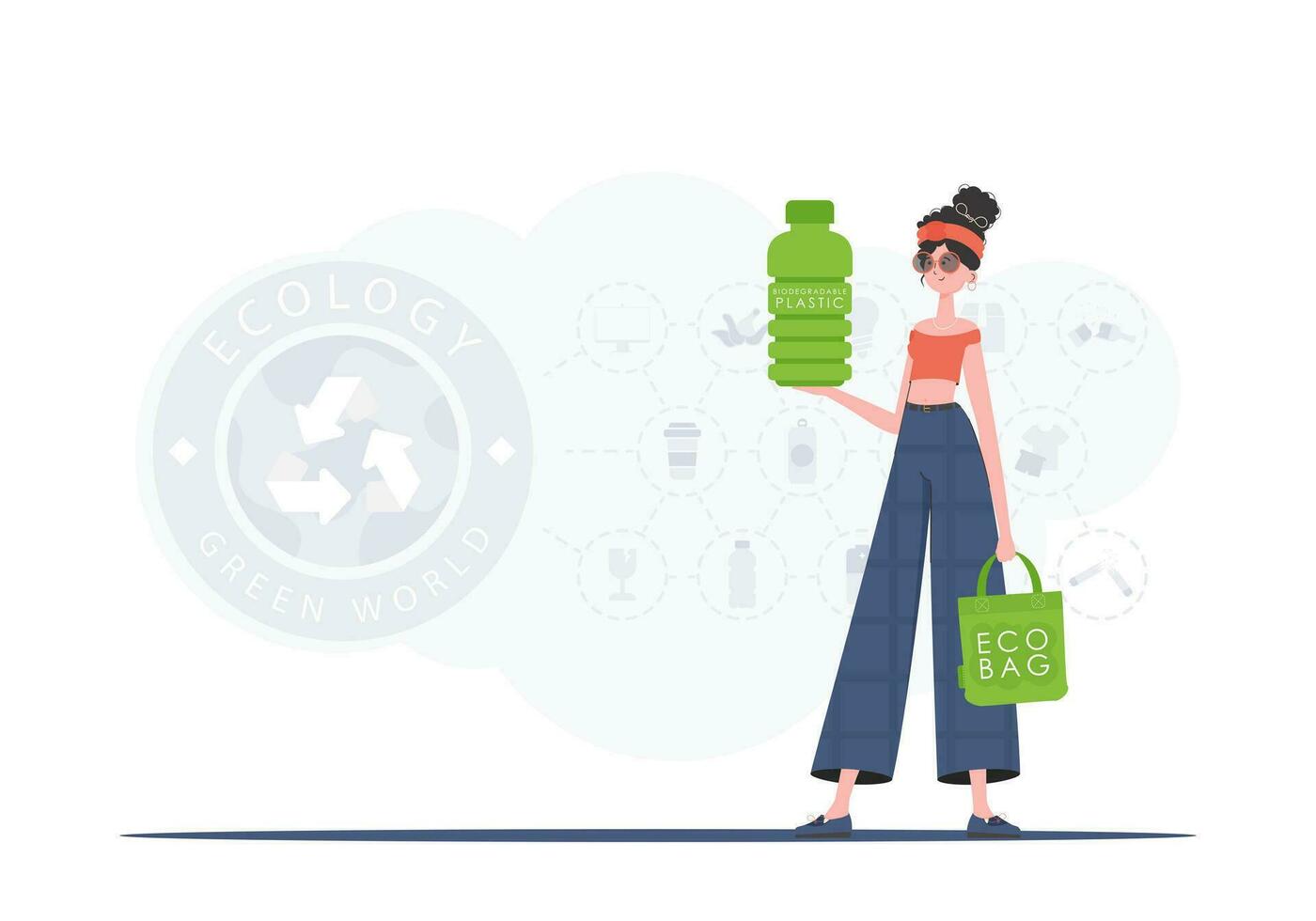 le concept de écologie et se soucier pour le environnement. une femme détient une bouteille fabriqué de biodégradable Plastique dans sa mains. mode tendance vecteur illustration.