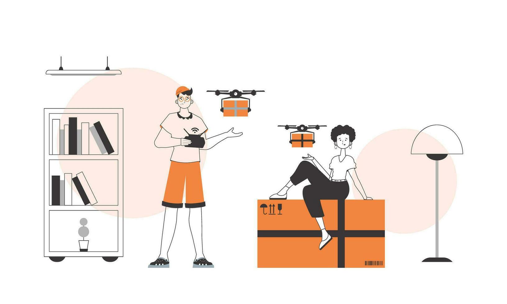 une homme et une femme, le équipe livre le paquet par drone. le concept de cargaison livraison par air. linéaire moderne style. vecteur