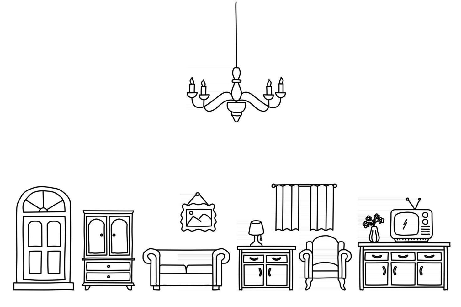 Doodle de style de croquis de décoration à la maison. ensemble de meubles d'intérieur illustration vectorielle dessinés à la main d'encre vecteur