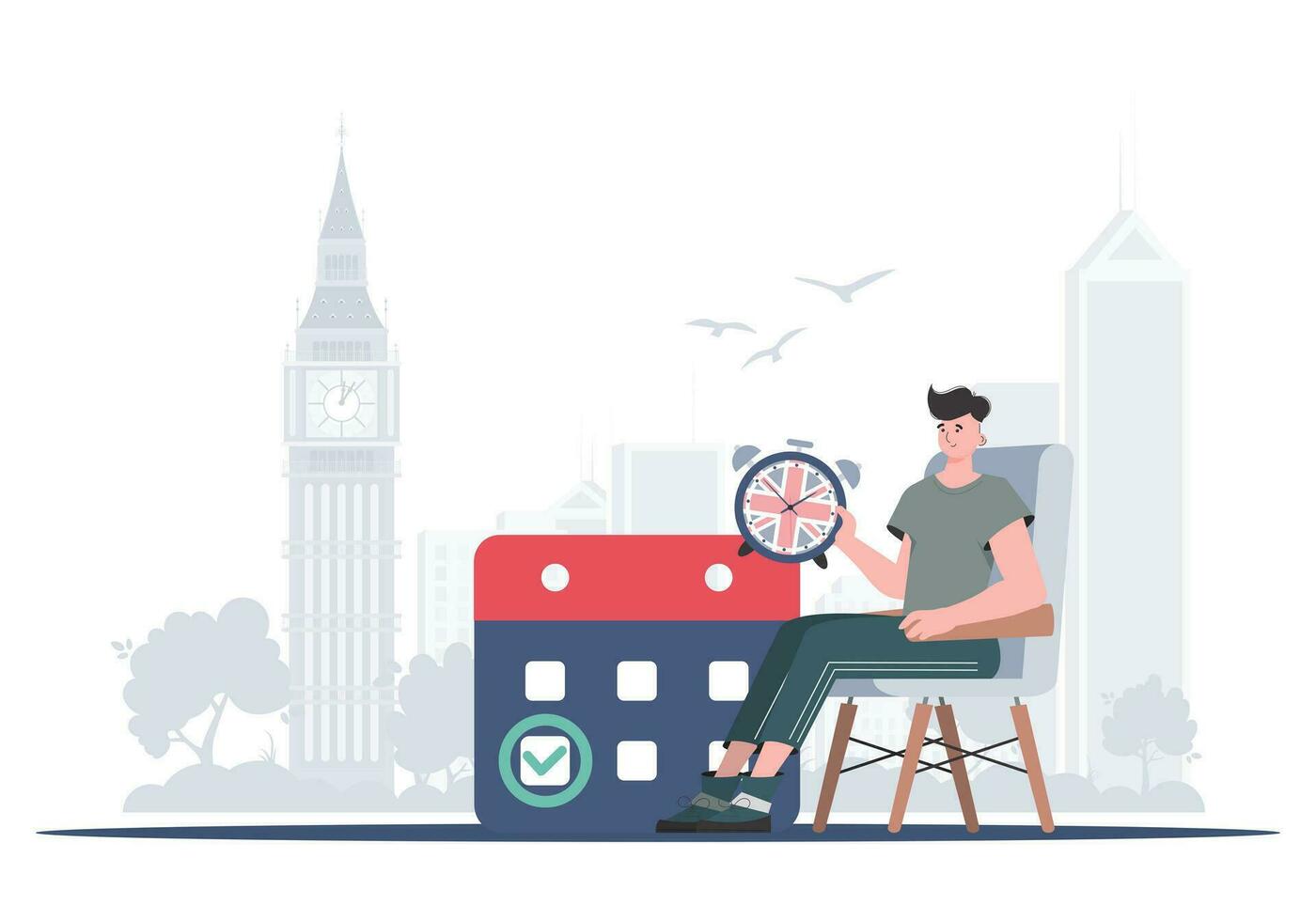 le concept de apprentissage Anglais. une homme, une calendrier avec une marqué Date et une horloge. branché style. vecteur illustration.