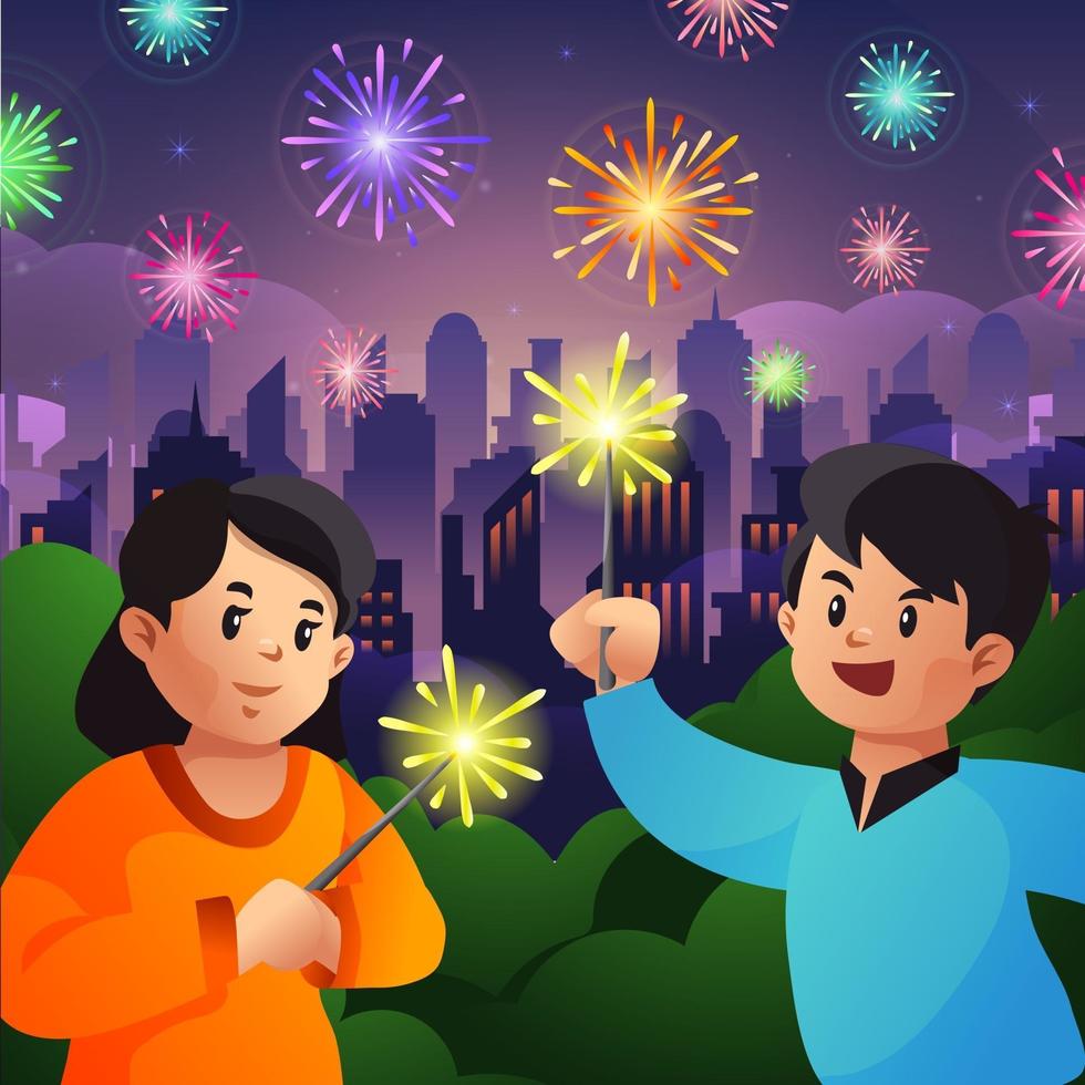 enfants jouant à la fête de la nuit des feux d'artifice vecteur