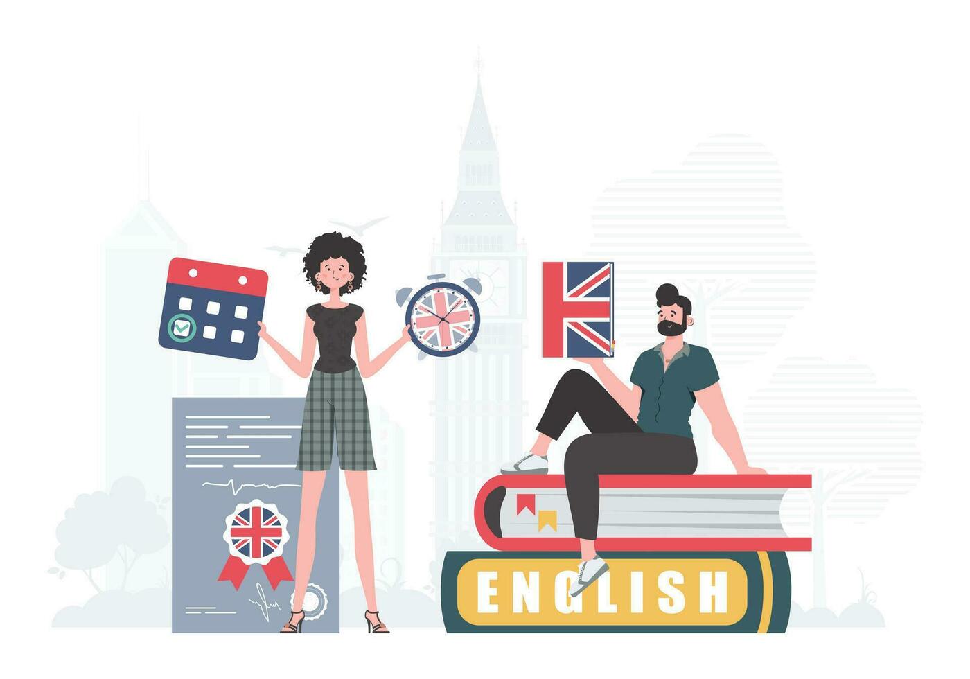 le concept de apprentissage Anglais. femme et homme Anglais enseignants. branché dessin animé style. illustration dans vecteur. vecteur