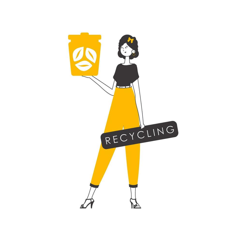 une femme est en portant une poubelle peut. le concept de recyclage Plastique et déchets. linéaire branché style. isolé sur blanc Contexte. vecteur illustration.