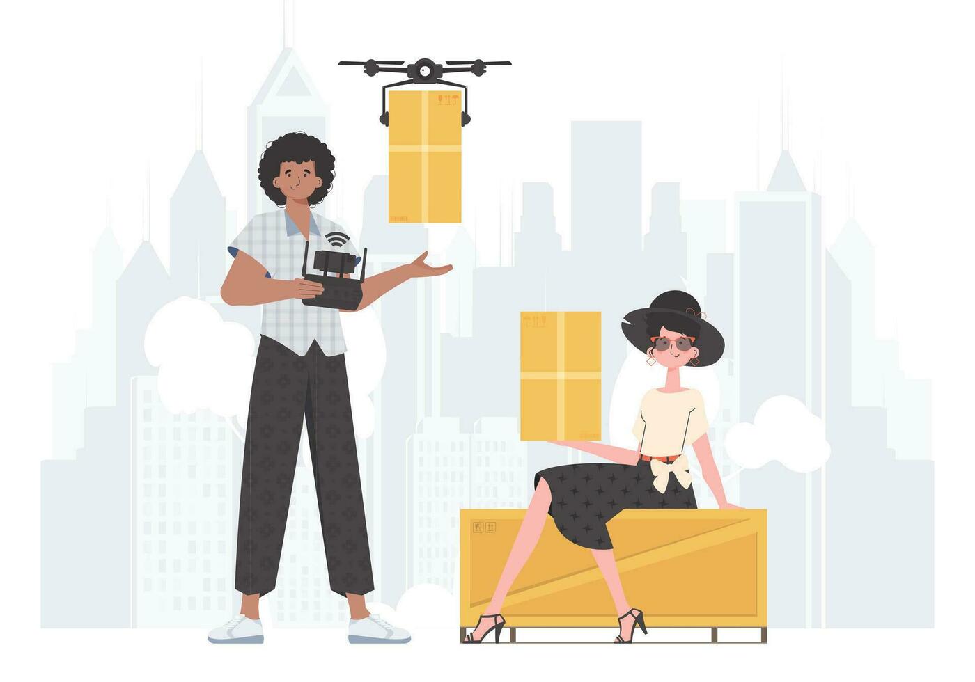livraison thème. le drone est transportant le colis. homme et femme avec papier carton des boites. branché style. vecteur. vecteur