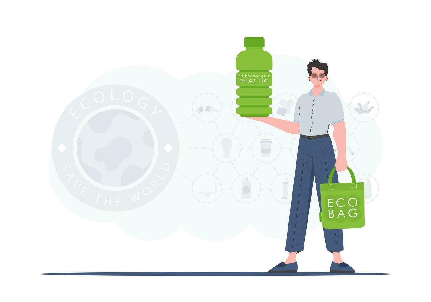 le concept de écologie et se soucier pour le environnement. une homme détient une bouteille fabriqué de biodégradable Plastique dans le sien mains. mode tendance illustration dans vecteur. vecteur