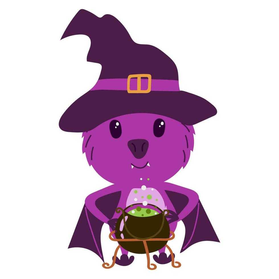 content Halloween autocollant avec mignonne chauve souris dans une sorcières chapeau et avec une chaudron. vacances clipart vecteur