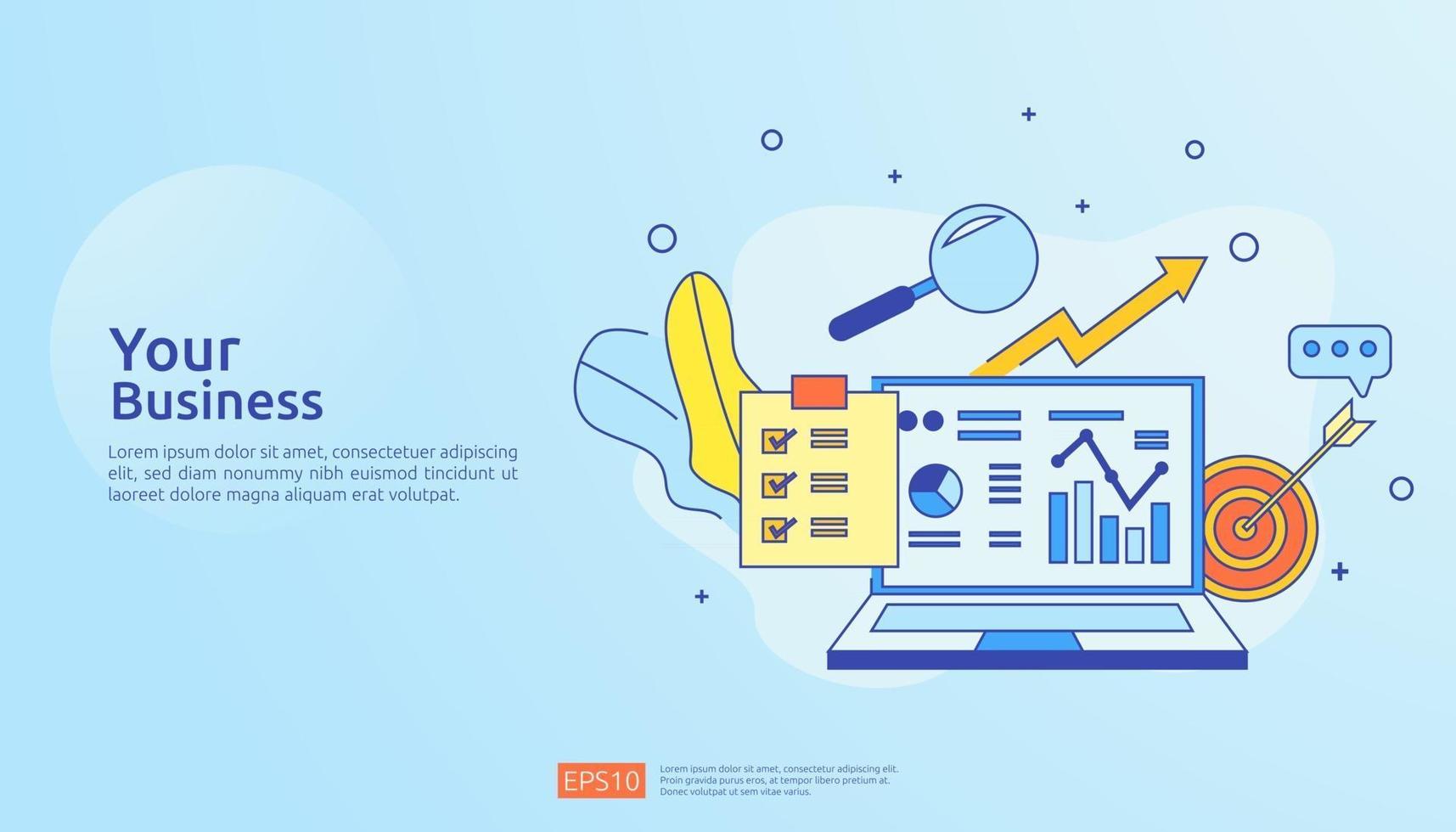 concept de rapport de données de document graphique pour les statistiques commerciales, l'analyse des investissements, la recherche de planification et la comptabilité d'audit financier avec feuille de papier, mains, loupe, paperasse, graphiques, élément graphique vecteur