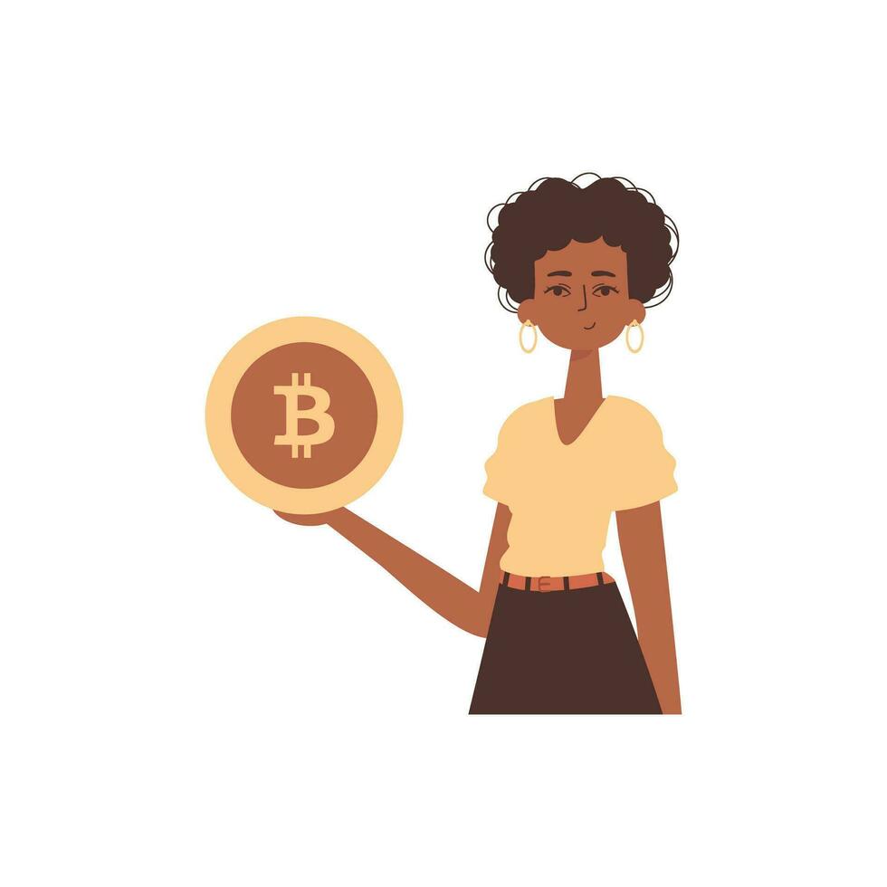 une femme détient une bitcoin dans sa mains dans le forme de une pièce de monnaie. personnage avec une moderne style. vecteur