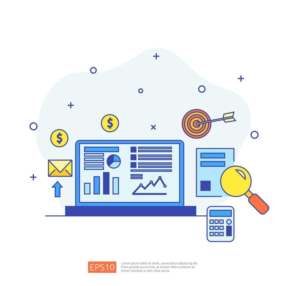 concept marketing avec rapport de données de document. statistiques commerciales, analyse des investissements, planification de la recherche et audit financier avec tableau de feuilles de papier, ordinateur portable, loupe, paperasse, graphiques, élément graphique vecteur