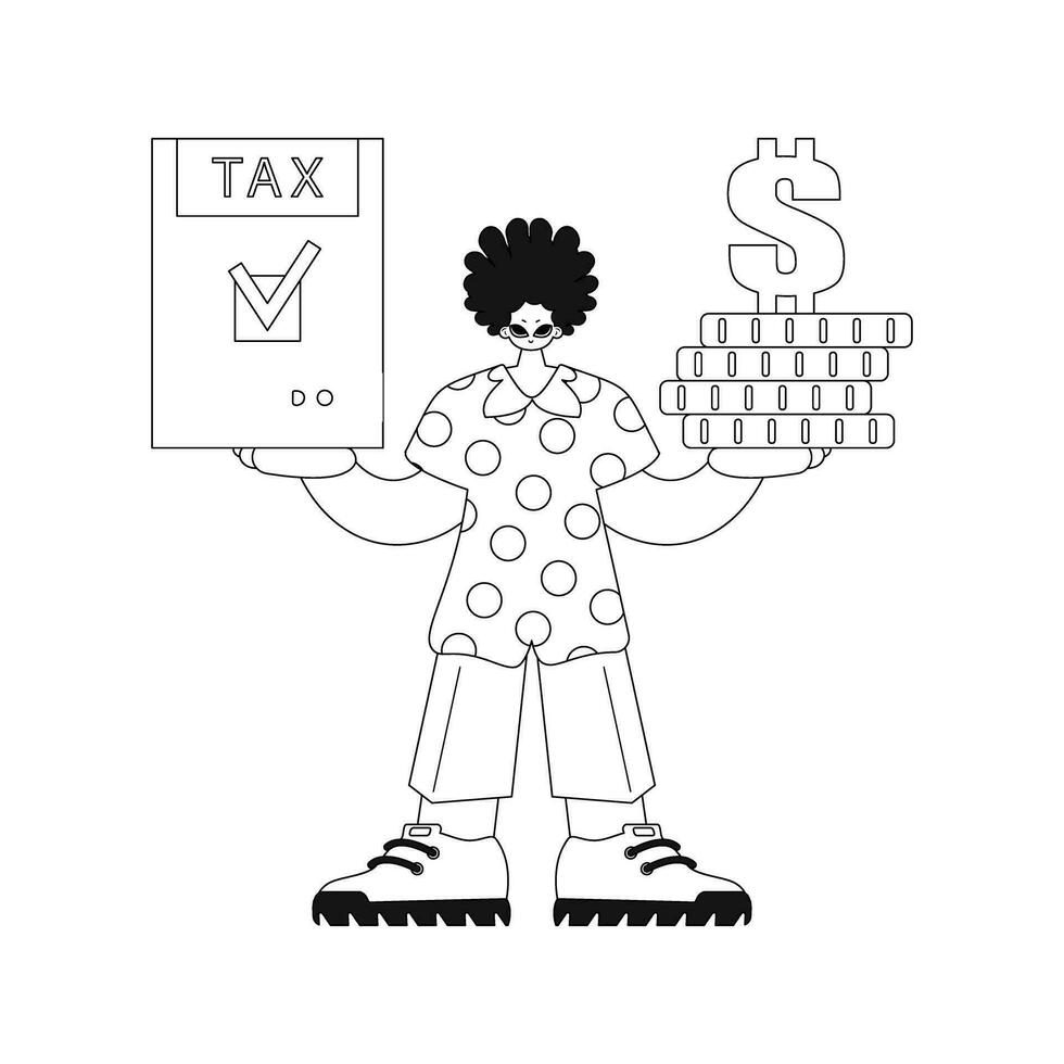 gars détient impôt revenir et empiler de pièces de monnaie. linéaire illustration vectorisé. vecteur