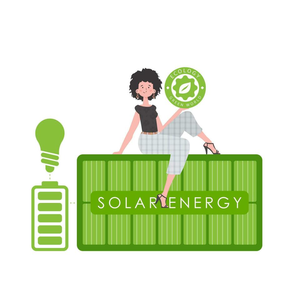 le fille est assis sur le solaire panneau et détient le éco logo dans sa mains. le concept de écologie et vert énergie. isolé sur blanc Contexte. branché style. vecteur illustration.