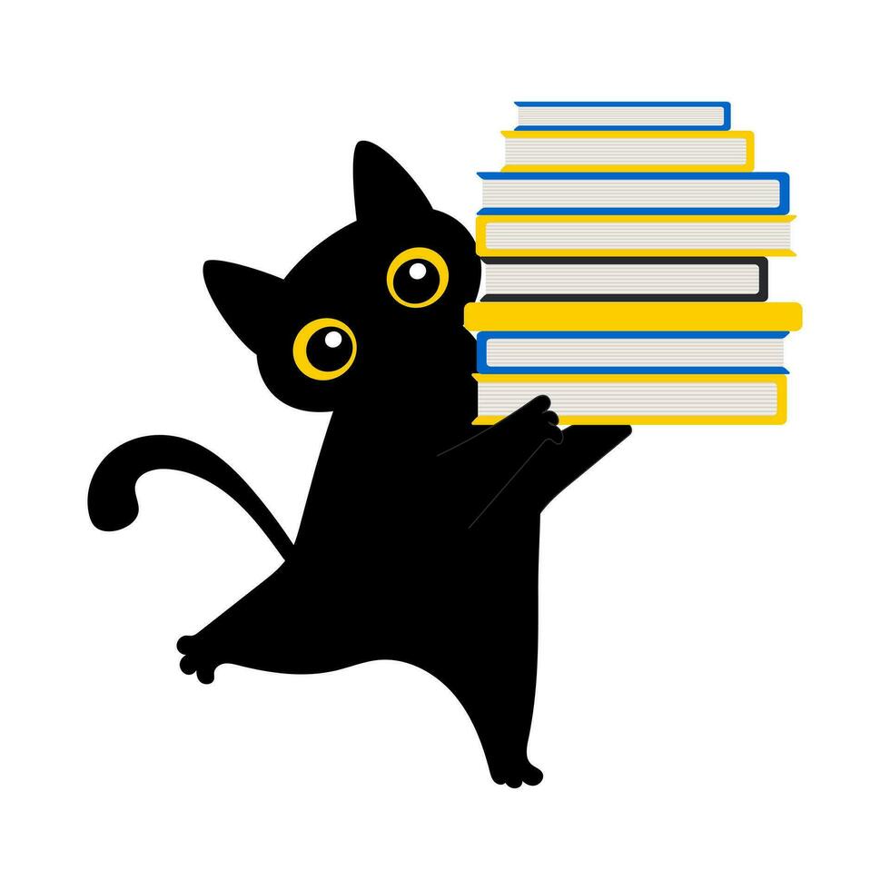 une noir mignonne chat détient une empiler de livres dans ses pattes pour en train de lire et éducation. vecteur. vecteur