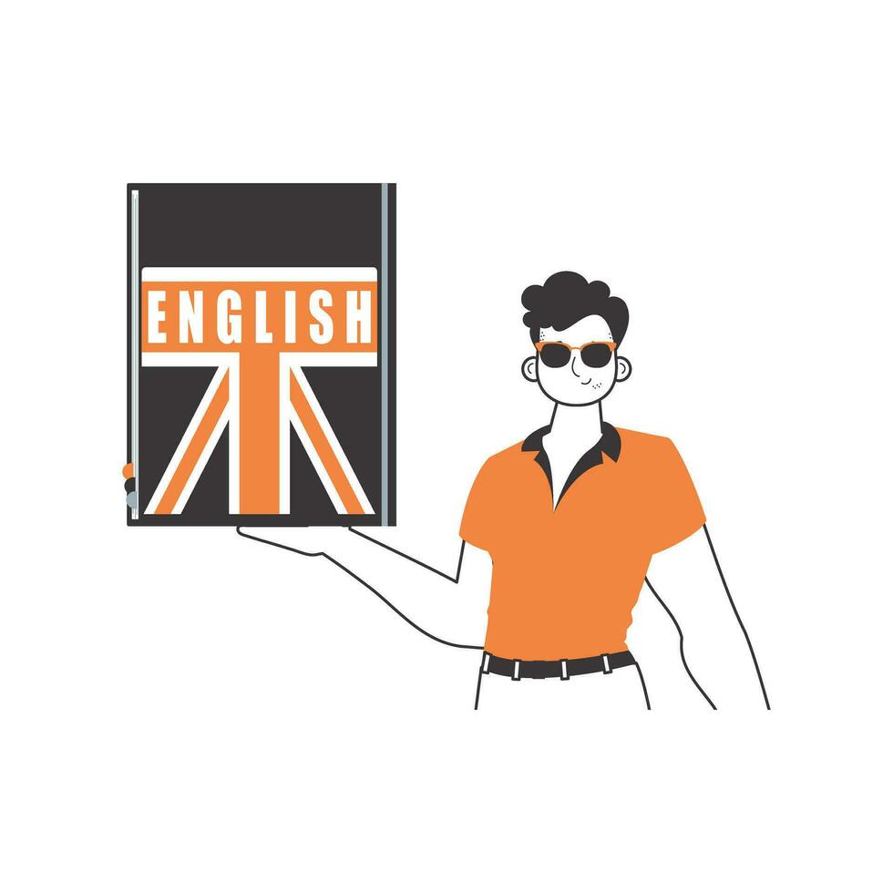Masculin Anglais professeur. le concept de apprentissage une étranger langue. linéaire branché style. isolé, vecteur illustration.