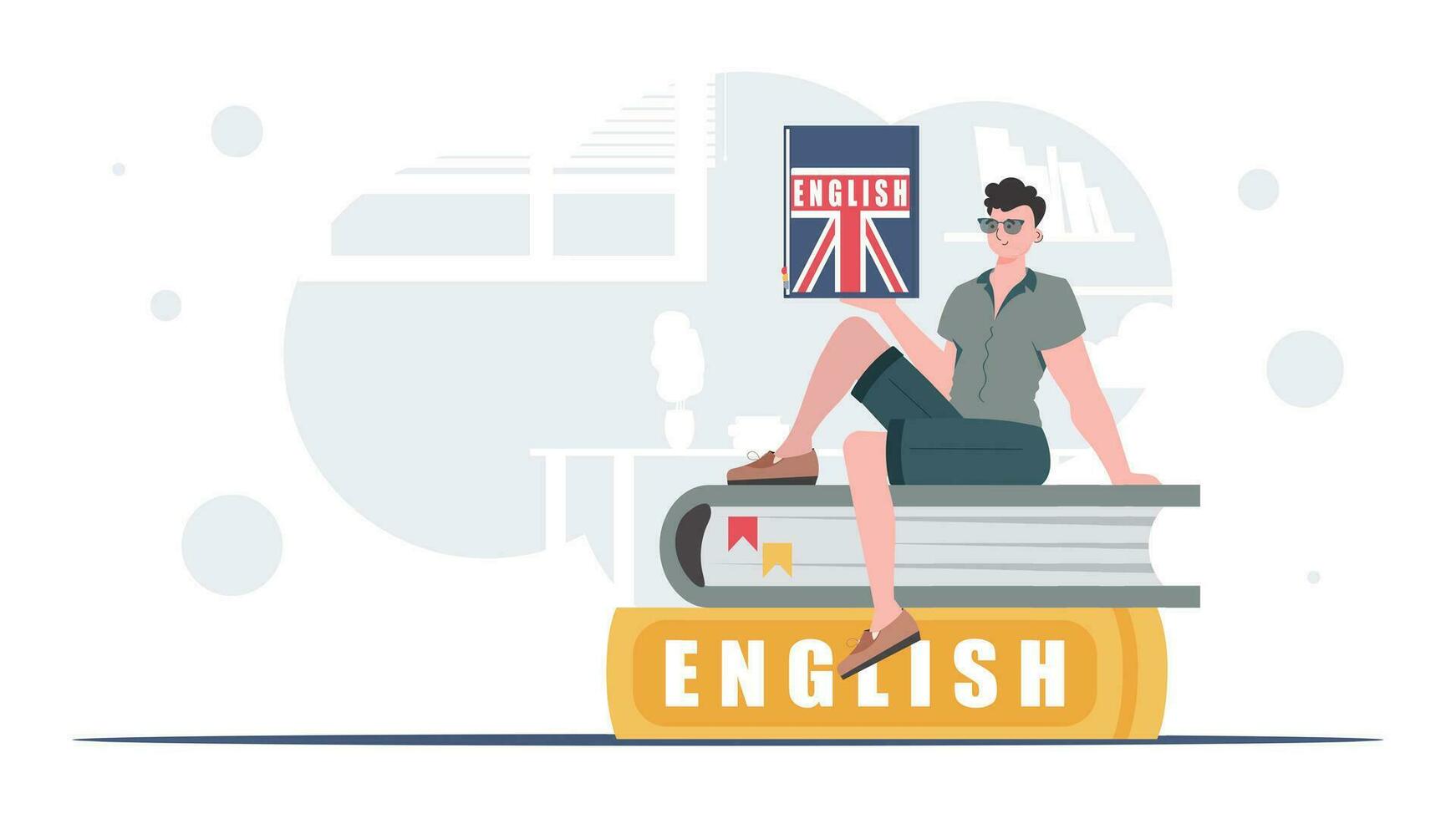 le concept de enseignement Anglais. une homme est assis sur livres et détient un Anglais dictionnaire dans le sien mains. branché style. vecteur. vecteur