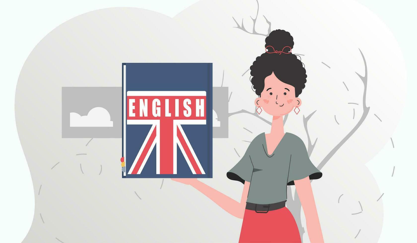 le concept de apprentissage Anglais. une femme détient un Anglais dictionnaire dans sa mains. plat moderne style. vecteur. vecteur