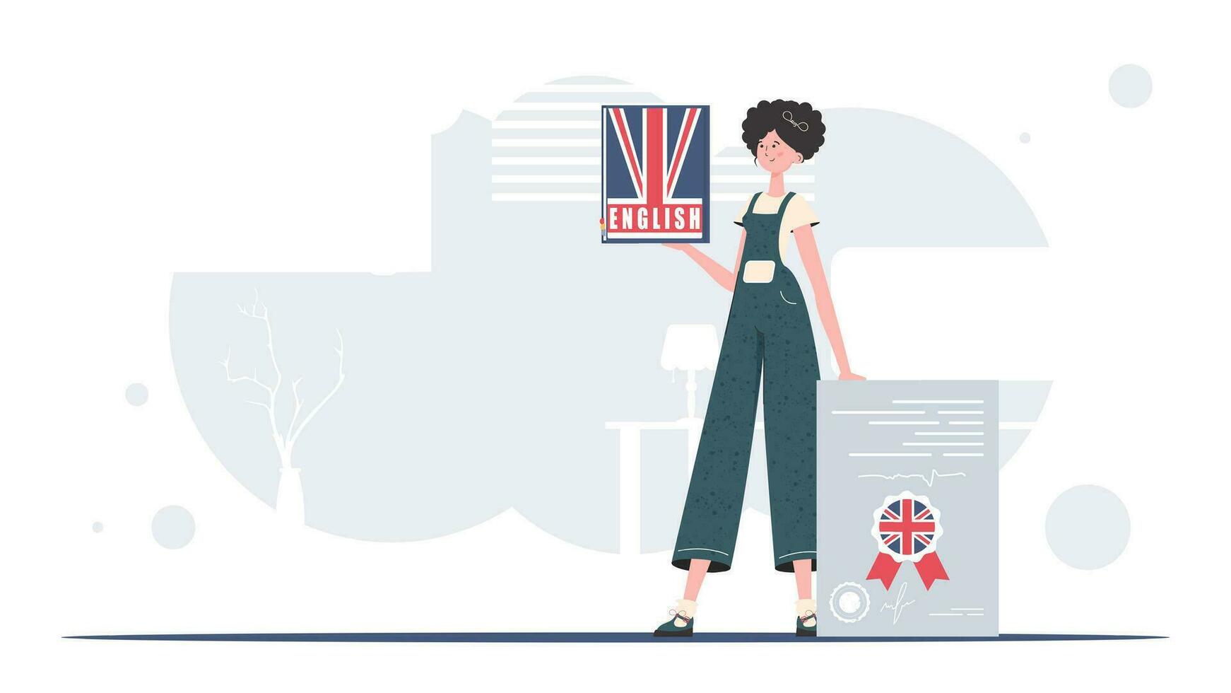 le concept de apprentissage Anglais. une femme détient un Anglais dictionnaire et une certificat dans sa mains. branché plat style. vecteur illustration.