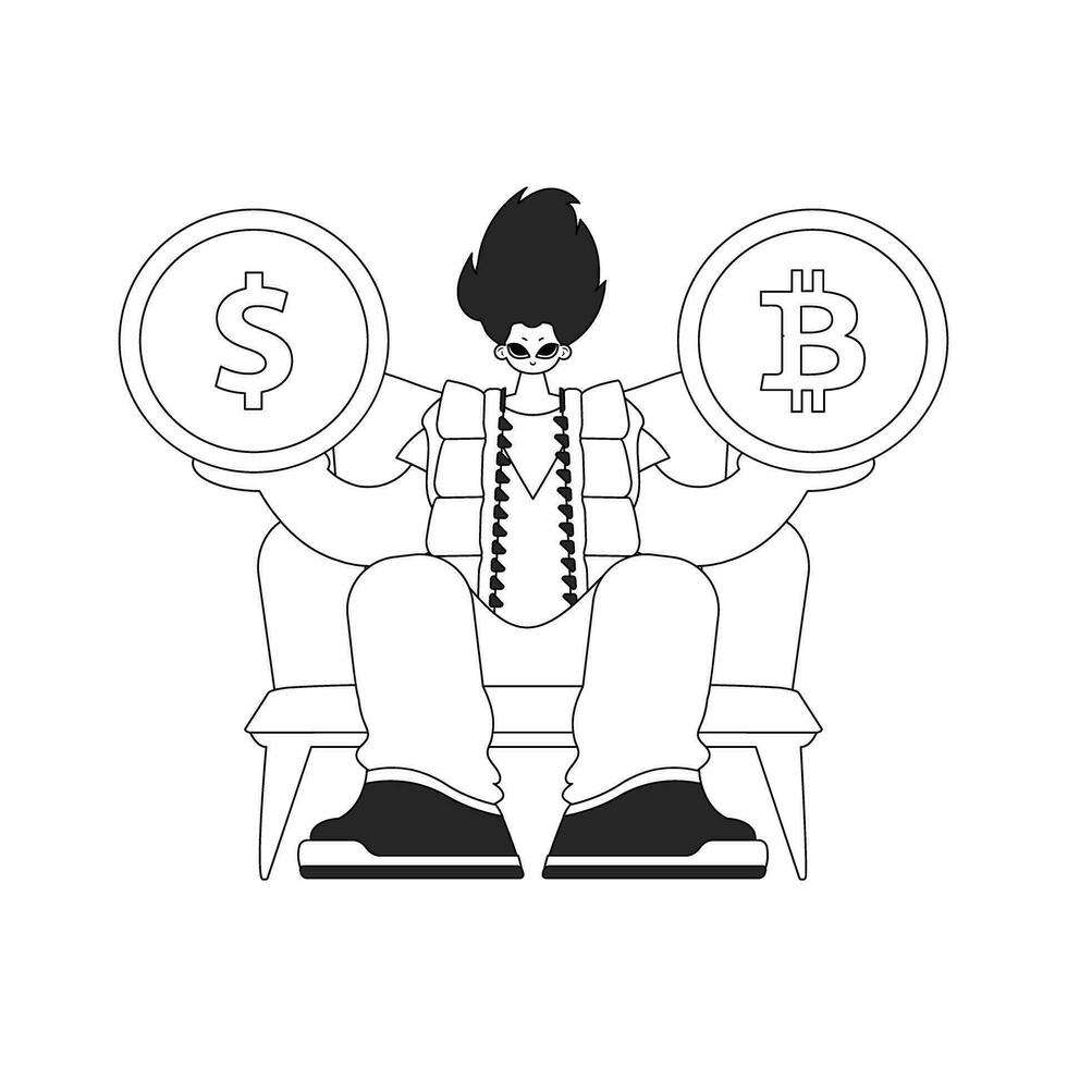 un attrayant homme est en portant une bitcoin et dollar pièce de monnaie. linéaire journal noir et blanc style. vecteur