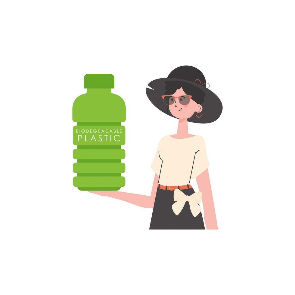 une femme détient une bouteille fabriqué de biodégradable Plastique dans sa mains. concept de vert monde et écologie. isolé. mode tendance illustration dans vecteur. vecteur