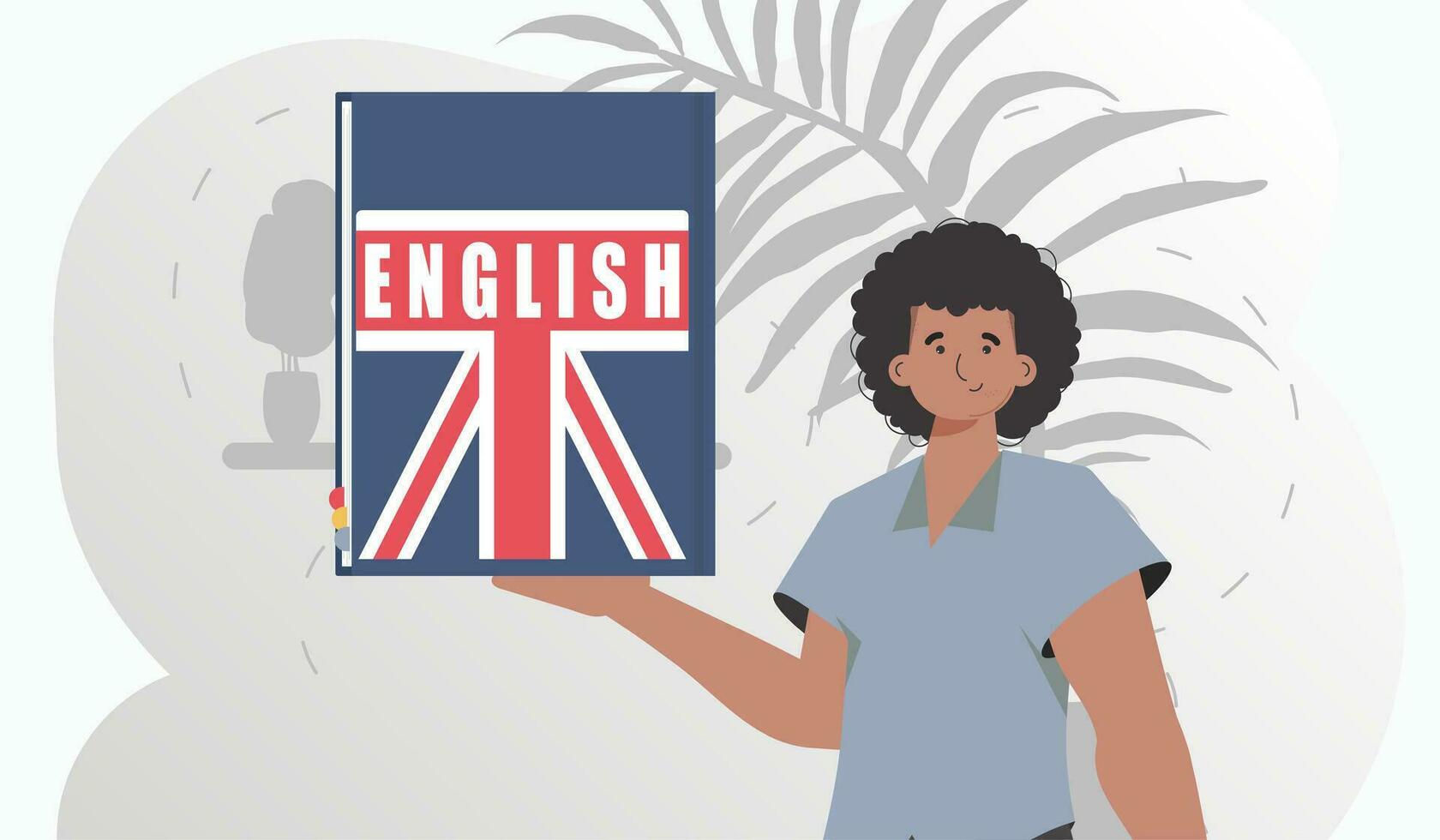 le concept de enseignement Anglais. une homme détient un Anglais dictionnaire dans le sien mains. branché style. vecteur illustration.