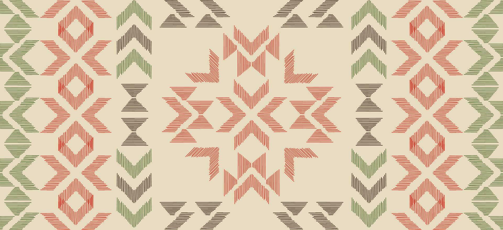 motif Noël ethnique Fait main magnifique ikat art. Noël Contexte. populaire broderie Noël modèle, géométrique art ornement imprimer. rouge, vert, blanc couleurs. flocon de neige, étoile, poinsettia conception. vecteur