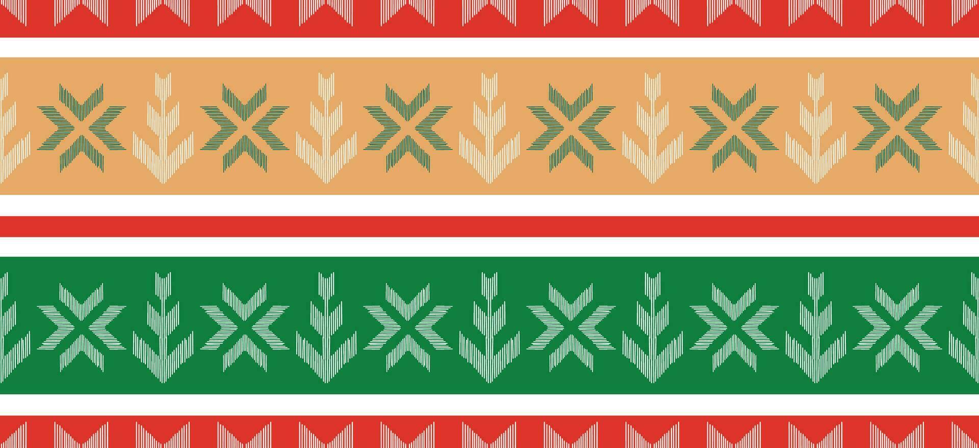 motif Noël ethnique Fait main magnifique ikat art. Noël Contexte. populaire broderie Noël modèle, géométrique art ornement imprimer. rouge, vert, blanc couleurs. flocon de neige, étoile, poinsettia conception. vecteur