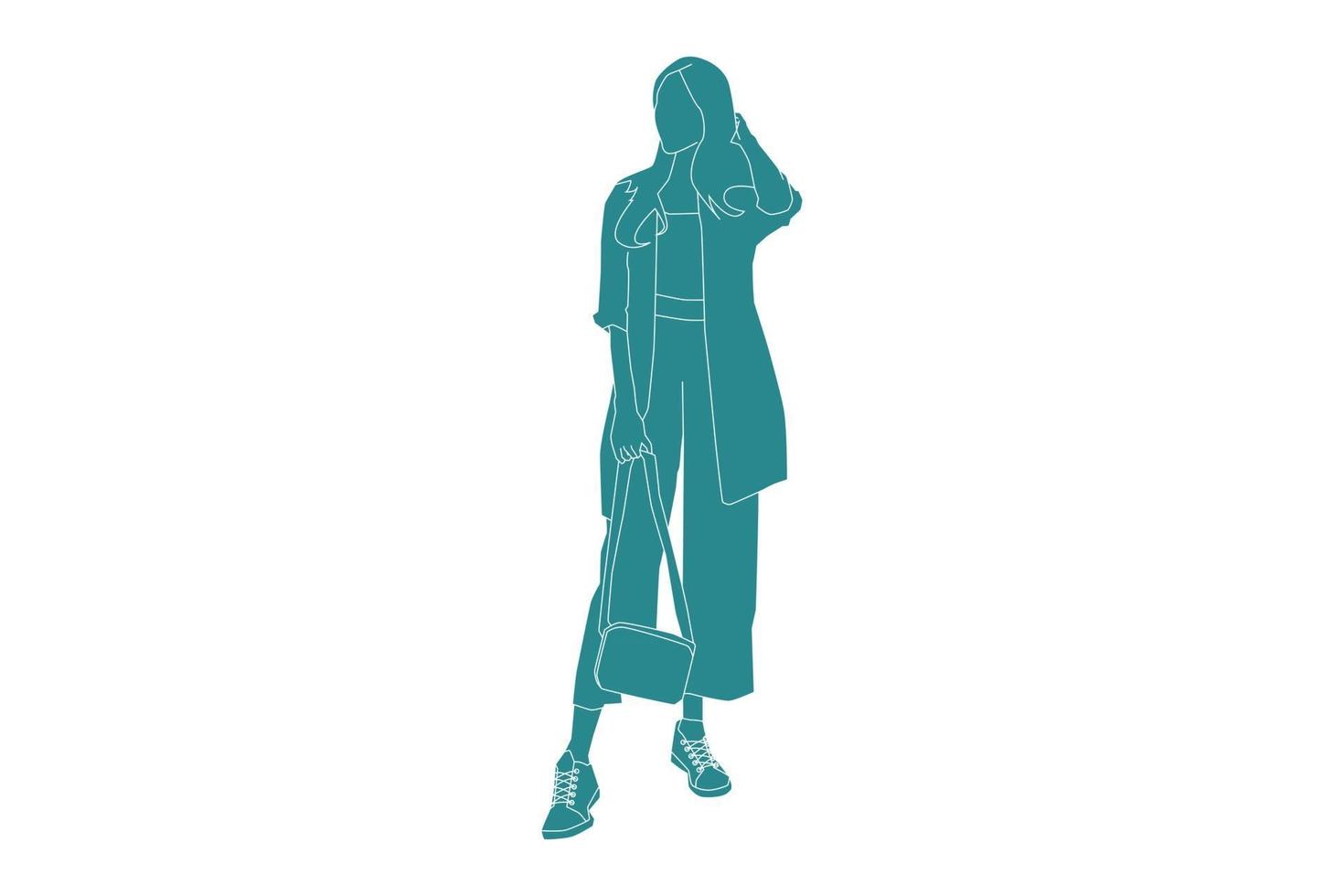 Vector illustration of casual woman posing, style plat avec contour