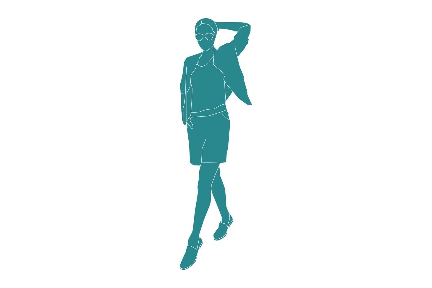 Vector illustration of casual woman posing, style plat avec contour