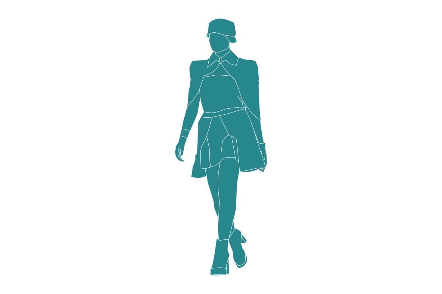 illustration vectorielle de femme à la mode marchant sur le côté, style plat avec contour vecteur