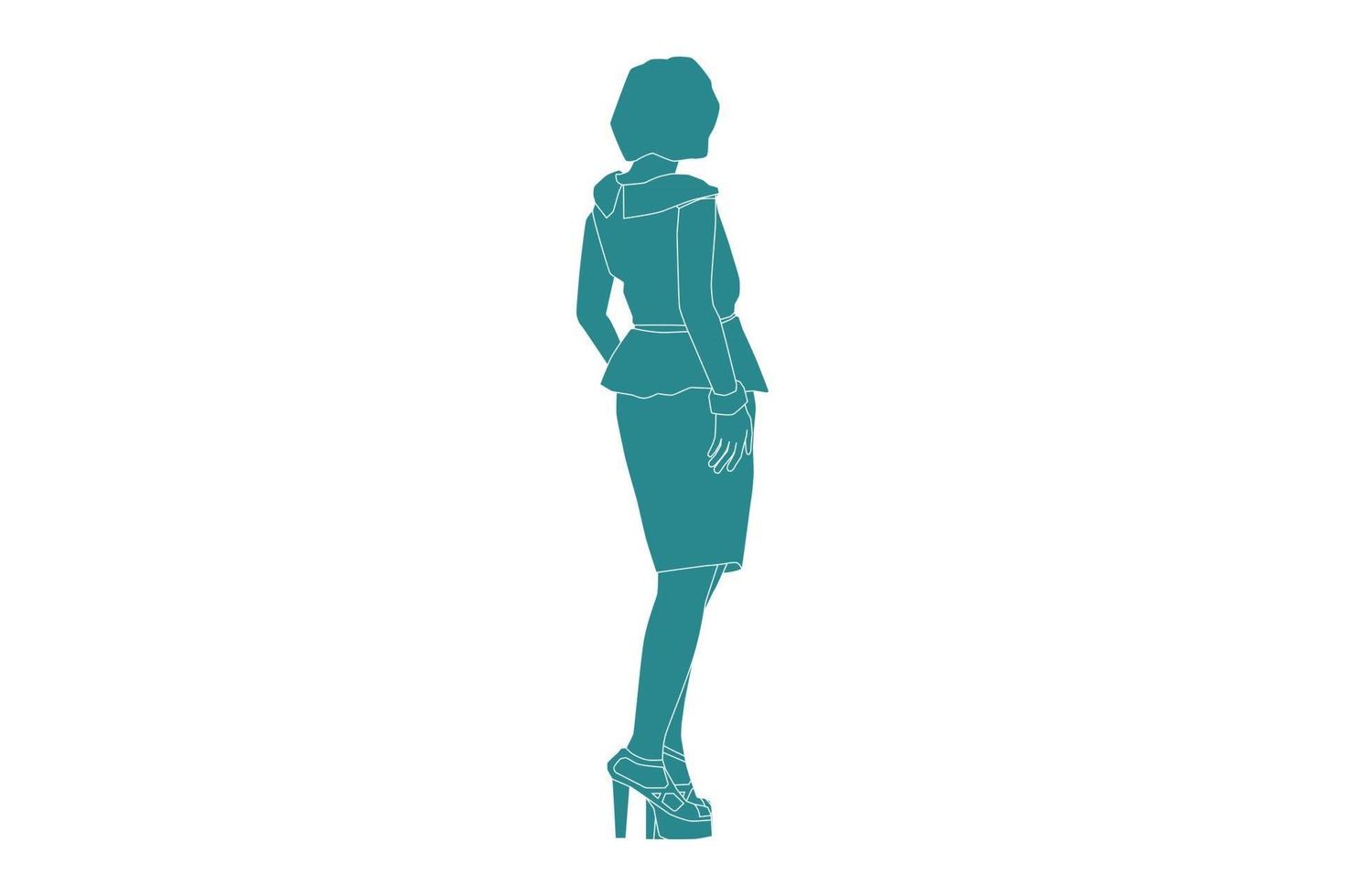 Vector illustration of casual woman posing regarde par derrière, style plat avec contour