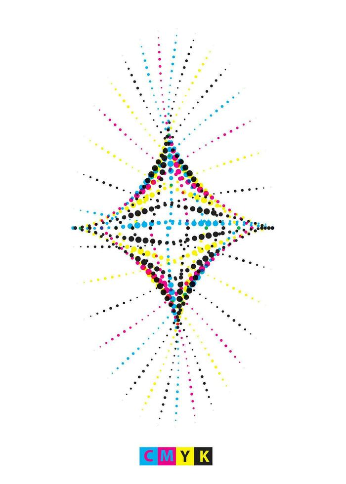 une coloré étoile avec cmyk points , Contexte avec une étoile, une coloré abstrait conception avec des points, abstrait cmyk demi-teinte des points, abstrait demi-teinte point vague vecteur illustration, 3d graphique de une symbole