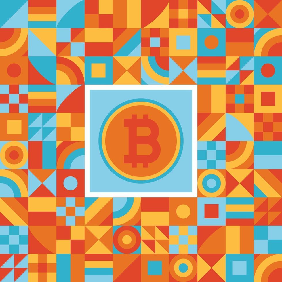 Modèle sans couture géométrique de formes simples avec signe d'icône bitcoin pour l'illustration vectorielle de fond. version colorée pour l'emballage, la couverture ou l'arrière-plan de la bannière. Bitcoin monnaie crypto dans le cercle. vecteur