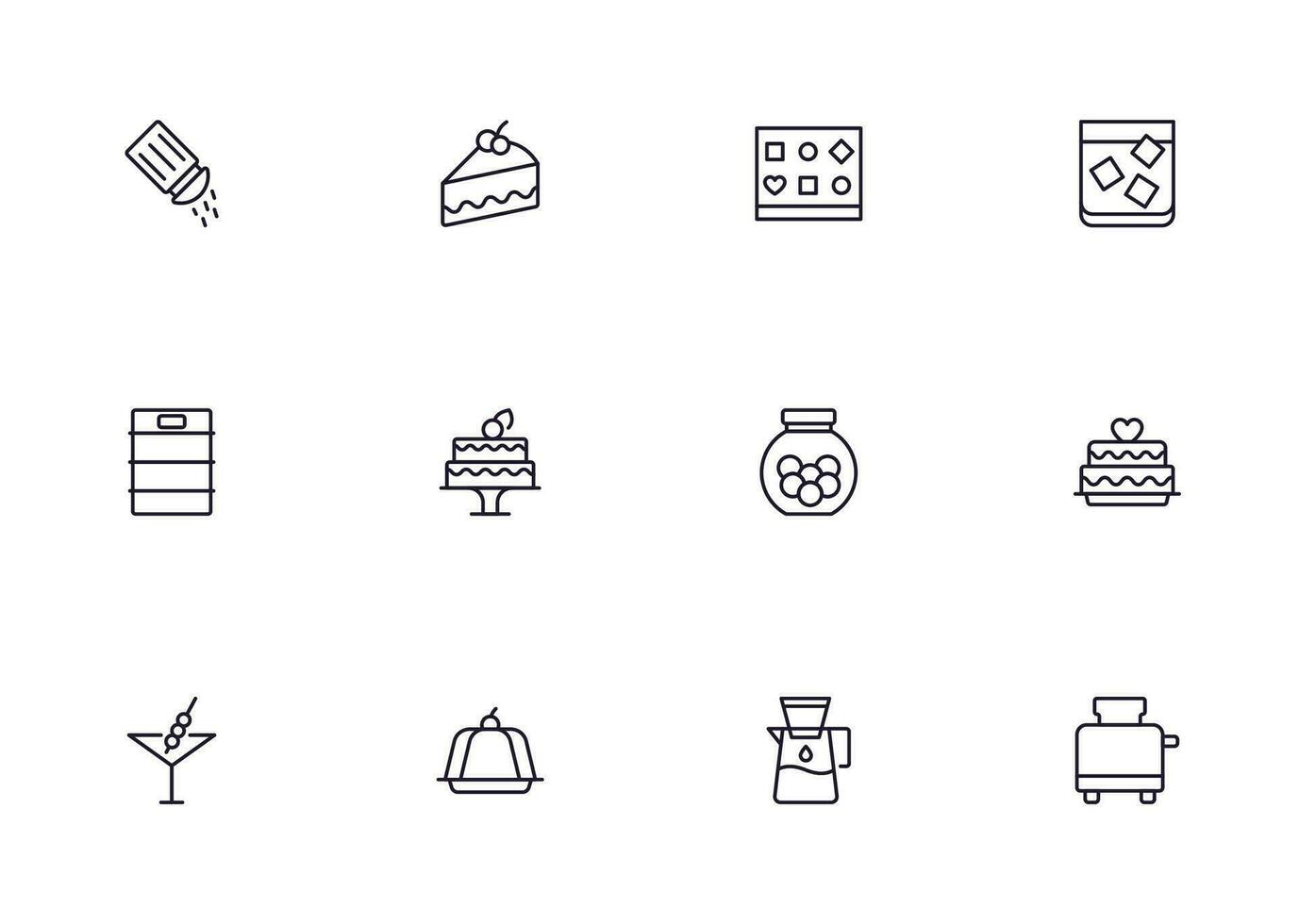 nourriture ligne icône ensemble. collection de contour signe pour la toile conception, mobile application, etc. noir ligne icône de fruit, légumes, Viande, bonbons, gâteau. vecteur