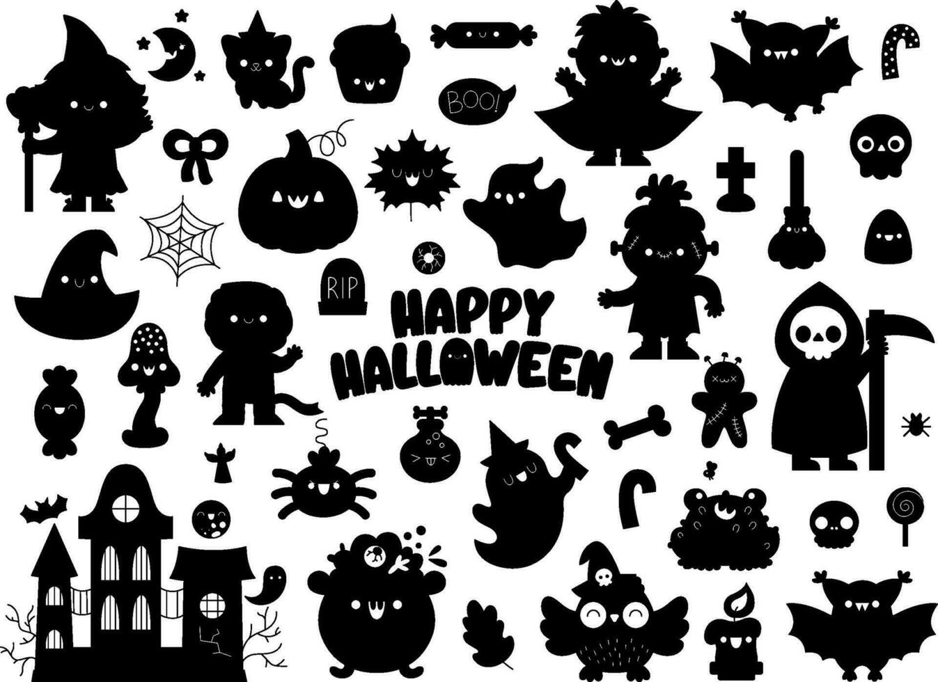 vecteur Halloween silhouette ensemble. traditionnel tour ou traiter fête noir et blanc clipart. effrayant ombre collection avec citrouille lanterne, sorcière, fantôme, crâne, chauve souris. l'automne vacances kawaii mignonne conception