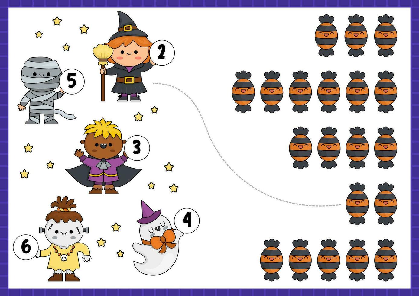 Halloween correspondant à Jeu avec tour ou traiter bonbons et mignonne kawaii enfants. l'automne math activité pour préscolaire les enfants. éducatif imprimable compte feuille de travail avec mignonne dessin animé personnages vecteur