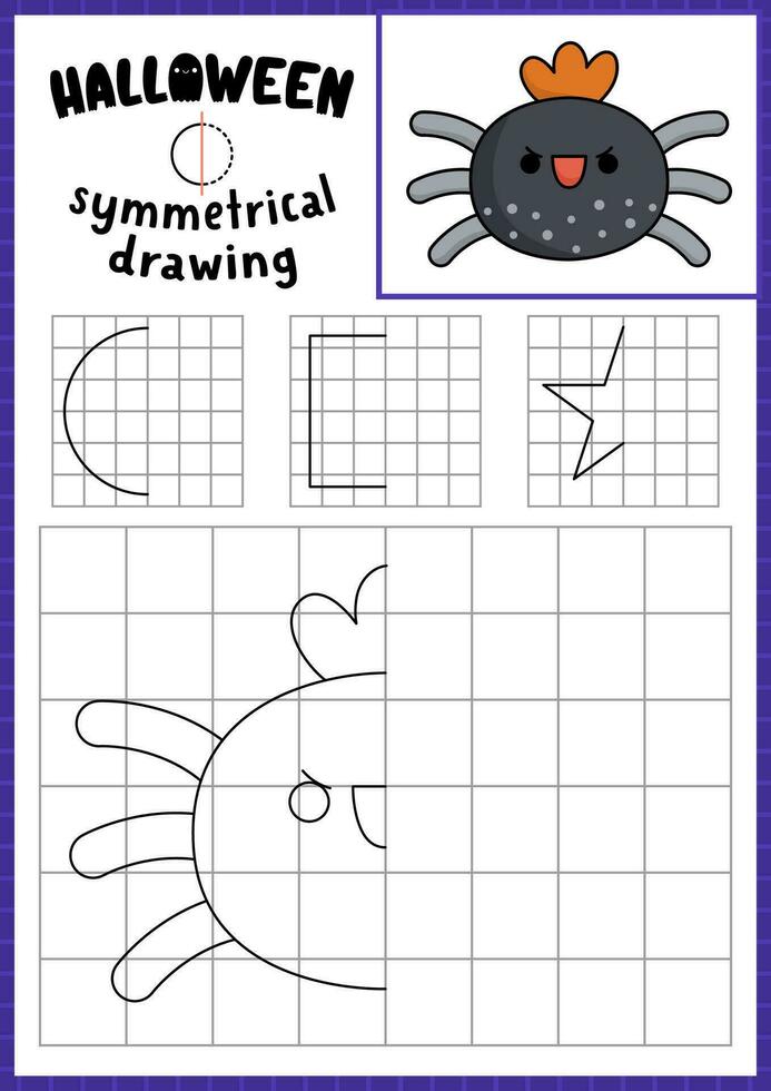 Halloween symétrique dessin feuille de travail. Achevée le araignée photo. vecteur l'automne vacances l'écriture entraine toi feuille de travail. imprimable noir et blanc activité pour préscolaire enfants. copie le image