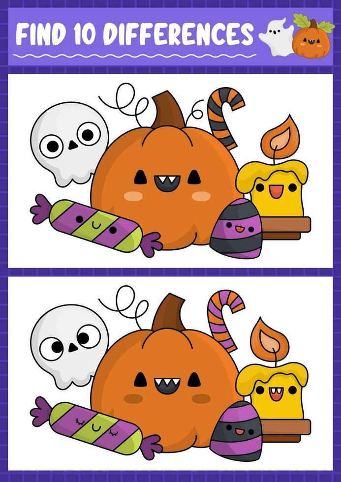 Halloween trouver différences Jeu pour les enfants. attention compétences activité avec mignonne citrouille, bonbons, crâne et bougie. puzzle pour des gamins avec marrant personnages. imprimable quoi est différent feuille de travail vecteur