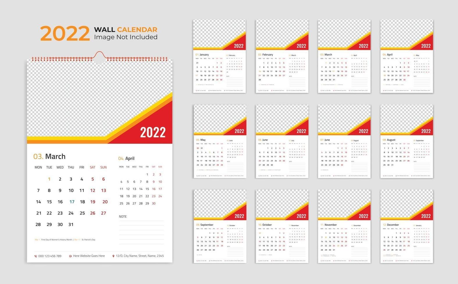 Modèle de calendrier mural 2022, planificateur d'affaires annuel de calendrier de calendrier, calendrier, calendrier d'événements, calendrier de bureau vecteur