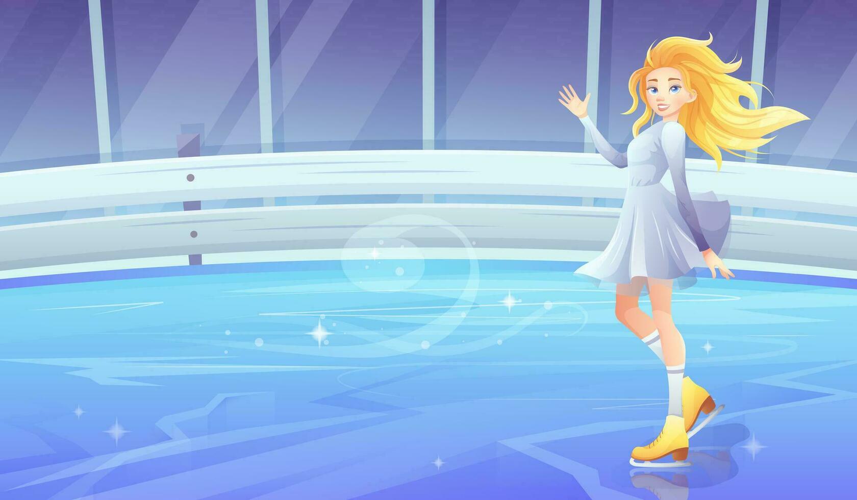 fille figure patineur sur patins salue avec main sur la glace patinage patinoire. vecteur Contexte pour des sports hiver Jeux, événements, des sports complexes, figure patinage dans dessin animé style