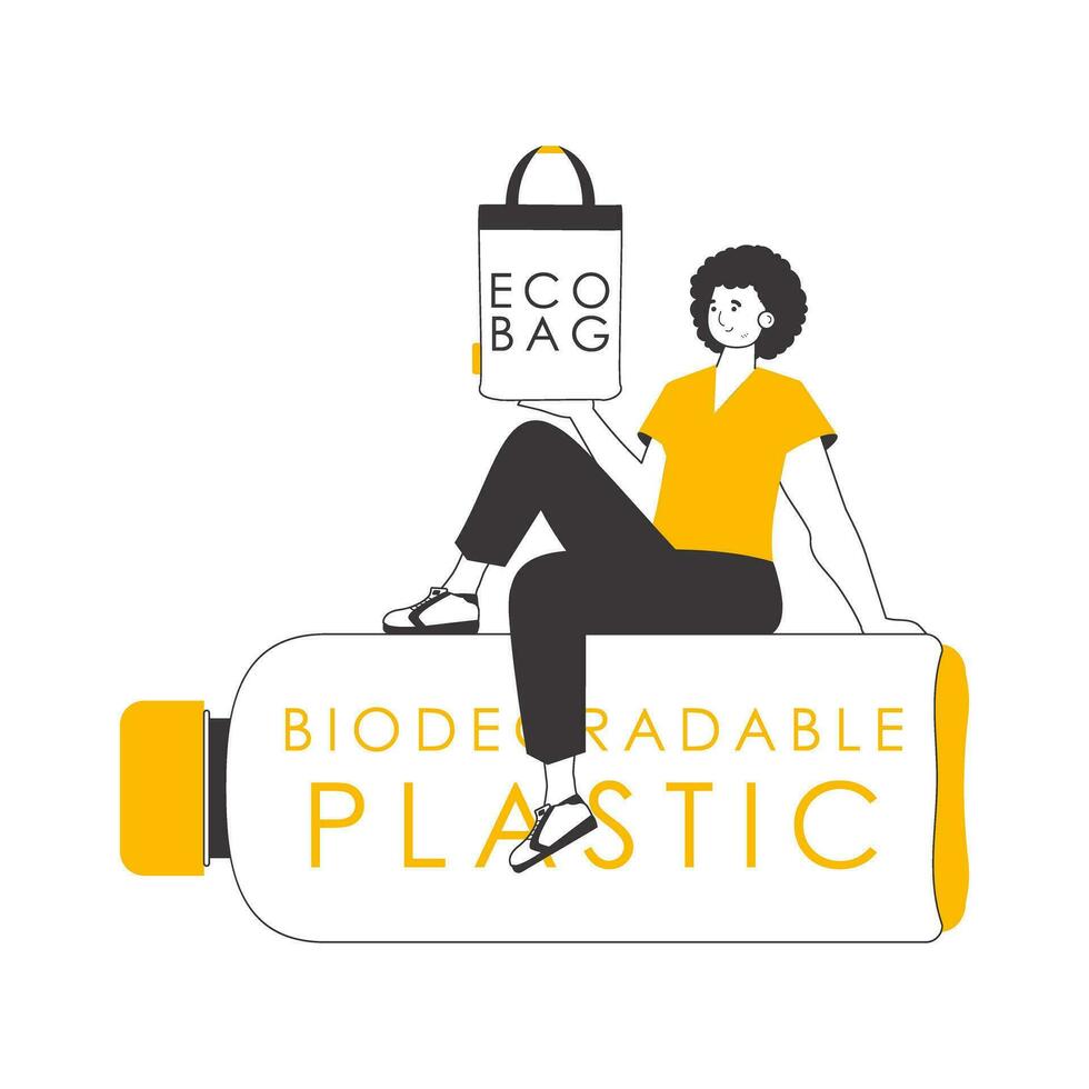 le gars est en portant un éco paquet dans le sien mains. le concept de écologique Sacs et Plastique. linéaire branché style. vecteur