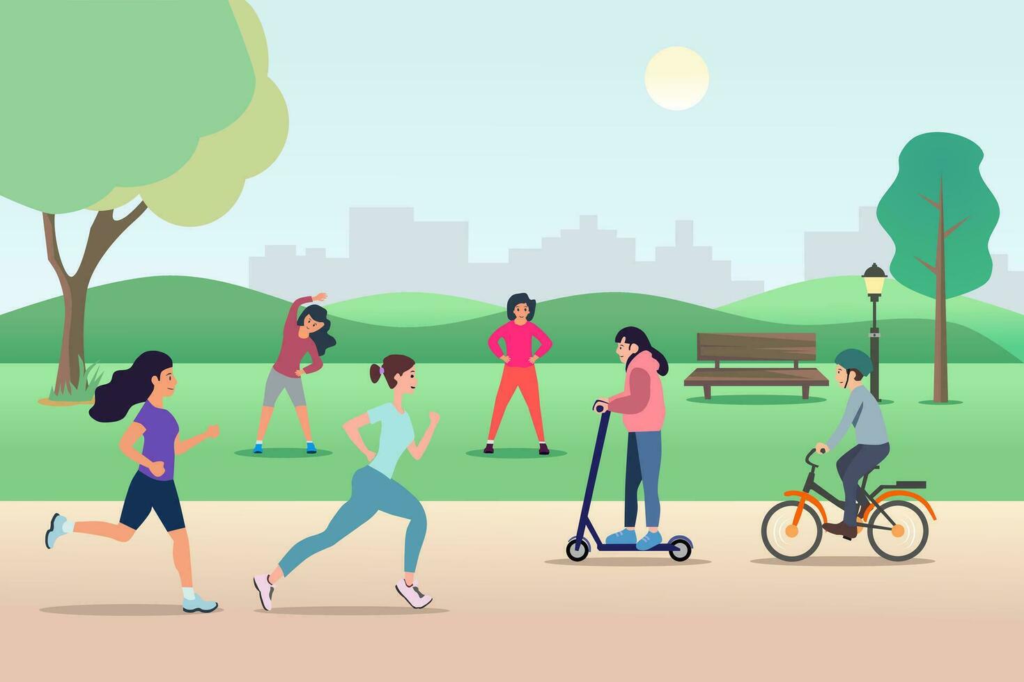 parc activités. Extérieur sport faire des exercices et en bonne santé mode de vie, gens en cours d'exécution, équitation vélo, exercer, et jogging. vecteur